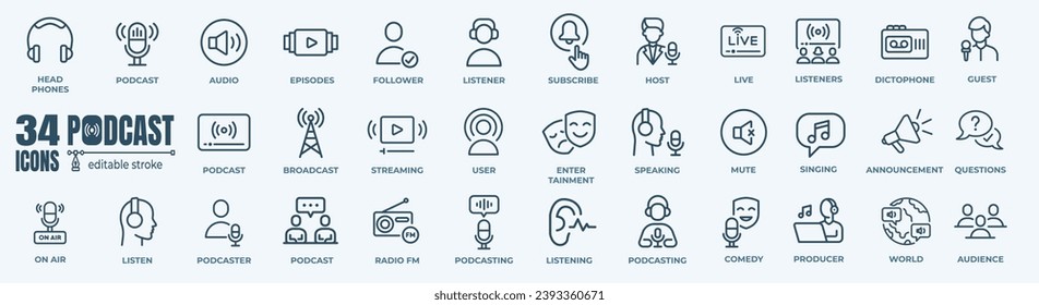 Podcast and stream minimal thin line web icon set. Outline editable icons collection. Simple vector illustration.