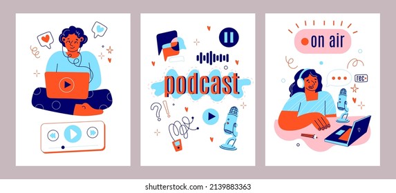 Podcast streaming cards. Bloggers in studio recording, people in headphones with mic, audio entertainment, radio studio icons posters, vertical banners collection, vector cartoon flat set