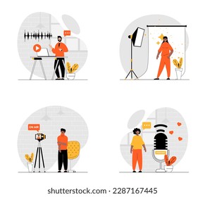 Podcast streaming concept with character set. Collection of scenes people recording audio, talking and making podcasts show with mics in studio, broadcast live. Vector illustrations in flat web design