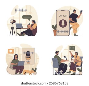 Podcast streaming concept scenes set in flat web design. People in situations of broadcasting and recording talks in studio, creating audio in headphones, followers listening. Vector illustrations.