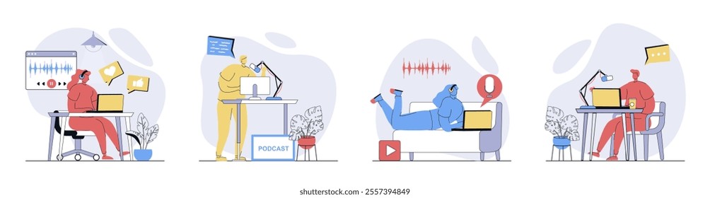 Podcast streaming concept set in flat design for web. Collection with people in headphones broadcasting, radio host talks in microphone, creating audio content, follower listen. Vector illustrations.