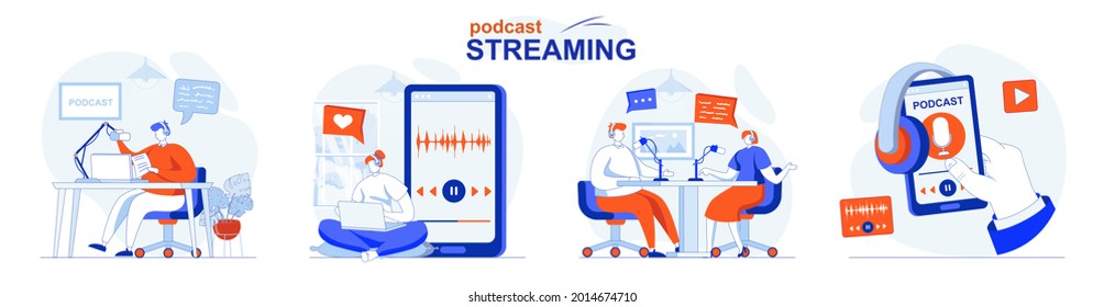 Conjunto de conceptos de streaming de podcast. Transmisión en vivo de entrevistas, charlas o conferencias. La gente aisló escenas en diseño plano. Ilustración vectorial para blogs, sitio web, aplicación móvil, materiales promocionales.