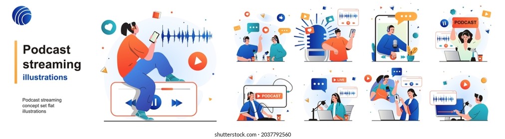 Podcast streaming isolated set. Online broadcast or recording of interviews. People collection of scenes in flat design. Vector illustration for blogging, website, mobile app, promotional materials.