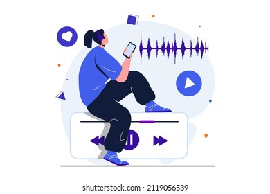 Podcast streaming modern flat concept for web banner design. Woman in headphones listens to live broadcast using mobile app. Listener enjoys music. Vector illustration with isolated people scene