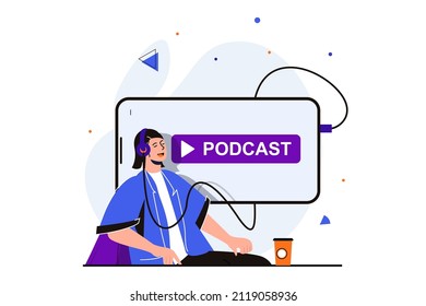 Podcast streaming modern flat concept for web banner design. Woman in headphones enjoys her favorite podcast or listening radio in mobile app player. Vector illustration with isolated people scene