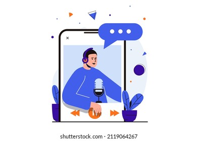 Podcast streaming concepto plano moderno para el diseño de banners web. El hombre está transmitiendo en vivo, hablando con micrófono. Escuchando podcasts de audio en la aplicación. Ilustración vectorial con la escena de personas aisladas