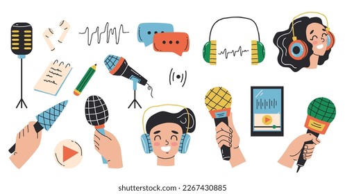 Podcast streaming online broadcast interviews isolated set collection. Vector graphic design illustration element