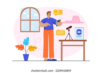 Podcast streaming pink concept with people scene in the flat cartoon design. Man download a newly recorded podcast to his smartphone. Vector illustration.