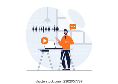 Podcast streaming web concept with character scene. Man recording voice audio and making broadcast in studio. People situation in flat design. Vector illustration for social media marketing material.