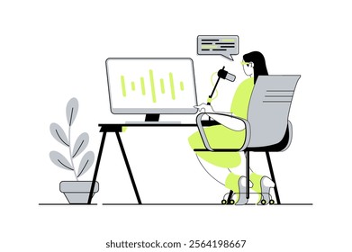 Podcast streaming web concept with flat cartoon people for website design. Woman speaking into microphone and broadcasting live in studio, recording audio speech for listeners. Vector illustration.