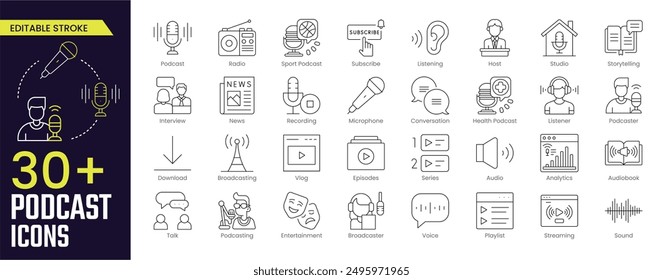 Podcast Stroke icon collections. Containing studio microphone, Podcast, Microphone, Conversation, Podcaster, Audiobook and more. Stroke icon collection Outline icon.