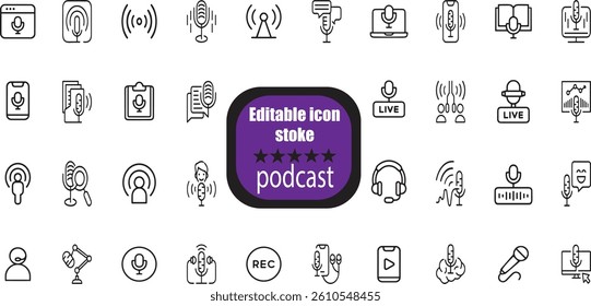 Podcast Stroke icon collections. Containing studio microphone, Podcast, Microphone, Conversation, Podcaster, Audiobook and more.