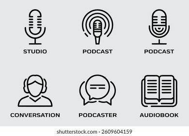 Podcast Studio Audio Book And Conversation Vector Icon Set Illustration
