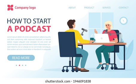 Podcast in studio, blogging, interviews, webinar, online courses concept. People talking to microphone recording podcast. Vector illustration in flat style, template for web banner, landing page