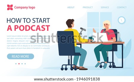 Podcast in studio, blogging, interviews, webinar, online courses concept. People talking to microphone recording podcast. Vector illustration in flat style, template for web banner, landing page