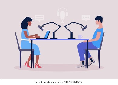 Podcast en estudio. El personaje entrevista a un invitado. Ilustración vectorial en un estilo plano