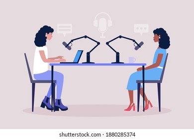 Podcast in studio. Character interviews a guest. Vector illustration in a flat style
