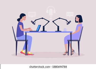 Podcast in studio. Character interviews a guest. Vector illustration in a flat style