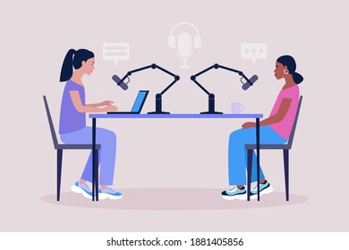 Podcast in studio. Character interviews a guest. Vector illustration in a flat style