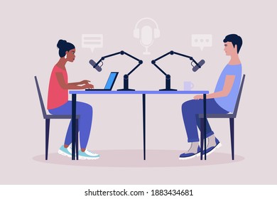 Podcast en estudio. El personaje entrevista a un invitado. Ilustración vectorial en un estilo plano