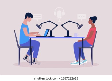 Podcast in studio. Character interviews a guest. Vector illustration in a flat style