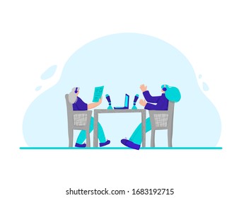 Podcast studio concept. Cute different ages women sitting at the desk and talking about news with microphones. Two attractive girls hosting a radio show. Vector flat color illustration. 