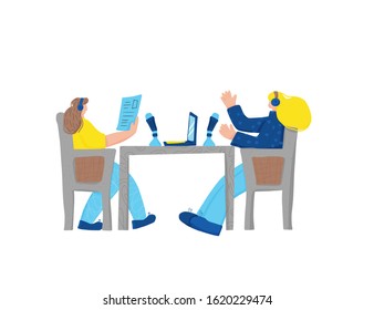 Podcast studio concept. Cute young women sitting at the desk and talking about news with microphones. Two attractive girls hosting a radio show. Vector flat color illustration. 