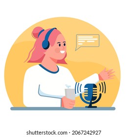 Podcast in studio flat vector illustration. Female radio host interviewing guests on radio station cartoon characters. Women in headphones talking. Mass media broadcasting. Podcasting, broadcasting