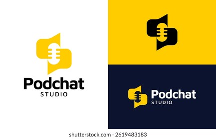 Podcast studio logo design. Abstract microphone icon with chat bubble vector graphic symbols