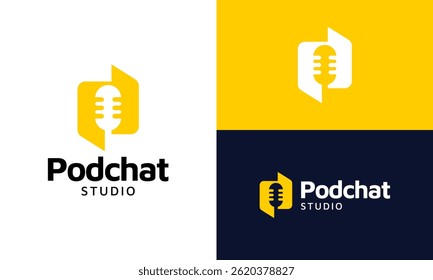 Podcast studio logo design. Abstract microphone icon with chat bubble vector graphic symbols