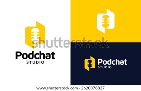 Podcast studio logo design. Abstract microphone icon with chat bubble vector graphic symbols