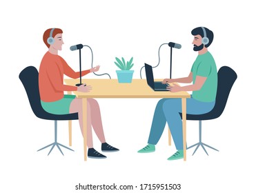 Podcast at studio. Male radio host interviewing guest on radio station. People in headphones talking at the table. Broadcasting, podcasting vector illustration for website, web banner, etc