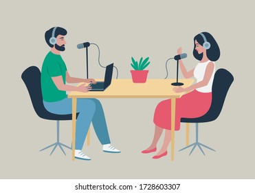 Podcast at studio. Male radio host interviewing female guest on radio station. People in headphones talking at the table. Broadcasting, podcasting vector illustration for website, web banner, etc