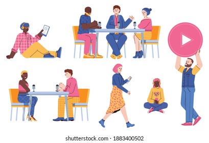Podcast en estudio de personajes que dirigen y escuchan la transmisión de radio, ilustración vectorial plana. Presentadores de radio, invitados y oyentes de las transmisiones de los medios de comunicación.