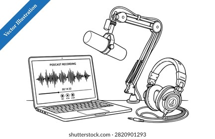 Podcast studio setup with laptop displaying audio waveform, boom mic, and headphones line art vector.