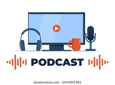 Podcast stuff. Podcast recording and listening, broadcasting, online radio, audio streaming service Concept. Vector illustration