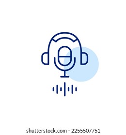 Podcast symbol. Headphones, microphone and sound waves. Pixel perfect, editable stroke line icon