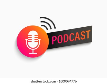 Podcast symbol, icon with studio microphone. Emblem for broadcast,news and radio streaming. Template for shows, live performances. Dj audio podcasting. Vector illustration.