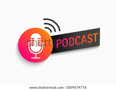 Podcast symbol, icon with studio microphone. Emblem for broadcast,news and radio streaming. Template for shows, live performances. Dj audio podcasting. Vector illustration.