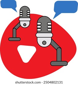 Podcast-Theme-Illustration 2 Mikrofone mit 2 Chat-Blase. Geeignet für Themen wie Radio, Gespräch, Kommunikation, Diskussion, Musik, Sprache und andere.