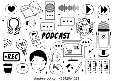 podcast theme illustration set, contour cute hand drawn illustrations