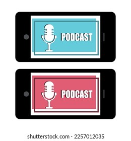 Podcast theme. Mobile phone and microphone for a podcast or broadcast show. Flat design