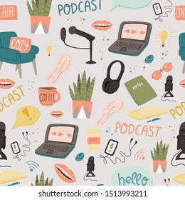 Podcast themed doodle hand drawn seamless pattern with laptop, notebook, microphone, smartphone, home office decorations. Stock vector