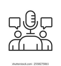 Podcast three people, icon in line design. Podcast, people, audio discussion, microphone, group conversation, recording on white background vector. Podcast three people editable stroke icon