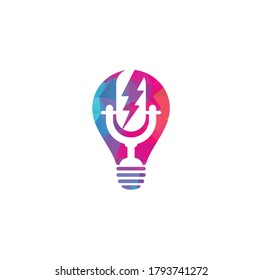 Podcast and thunder bulb shape concept logo design. Microphone vector logo design. With lightning / powerful concept.