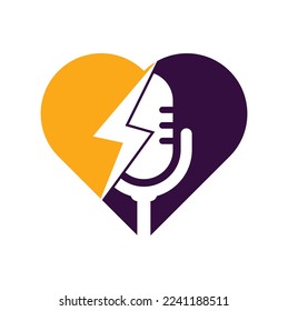 Podcast Donunder Herzform Konzept Vektorlogo Design. Symbol für das Design des Vektorlogos von Mikrofon.
