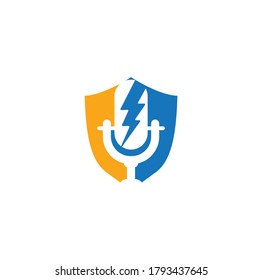 Podcast and thunder shield shape concept logo design. Microphone vector logo design. With lightning / powerful concept.
