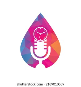 Podcast Time Drop Shape Concept Vector Logo Design Template. Mic Clock Vector Logo Design Icon.