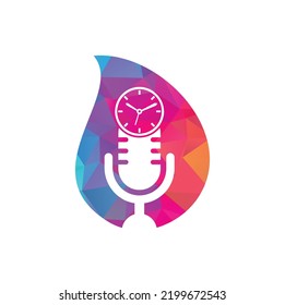 Podcast Time Drop Shape Concept Vector Logo Design Template. Mic Clock Vector Logo Design Icon.	