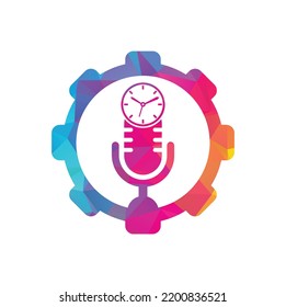 Podcast time gear shape concept vector logo design template. Mic clock vector logo design icon.	
